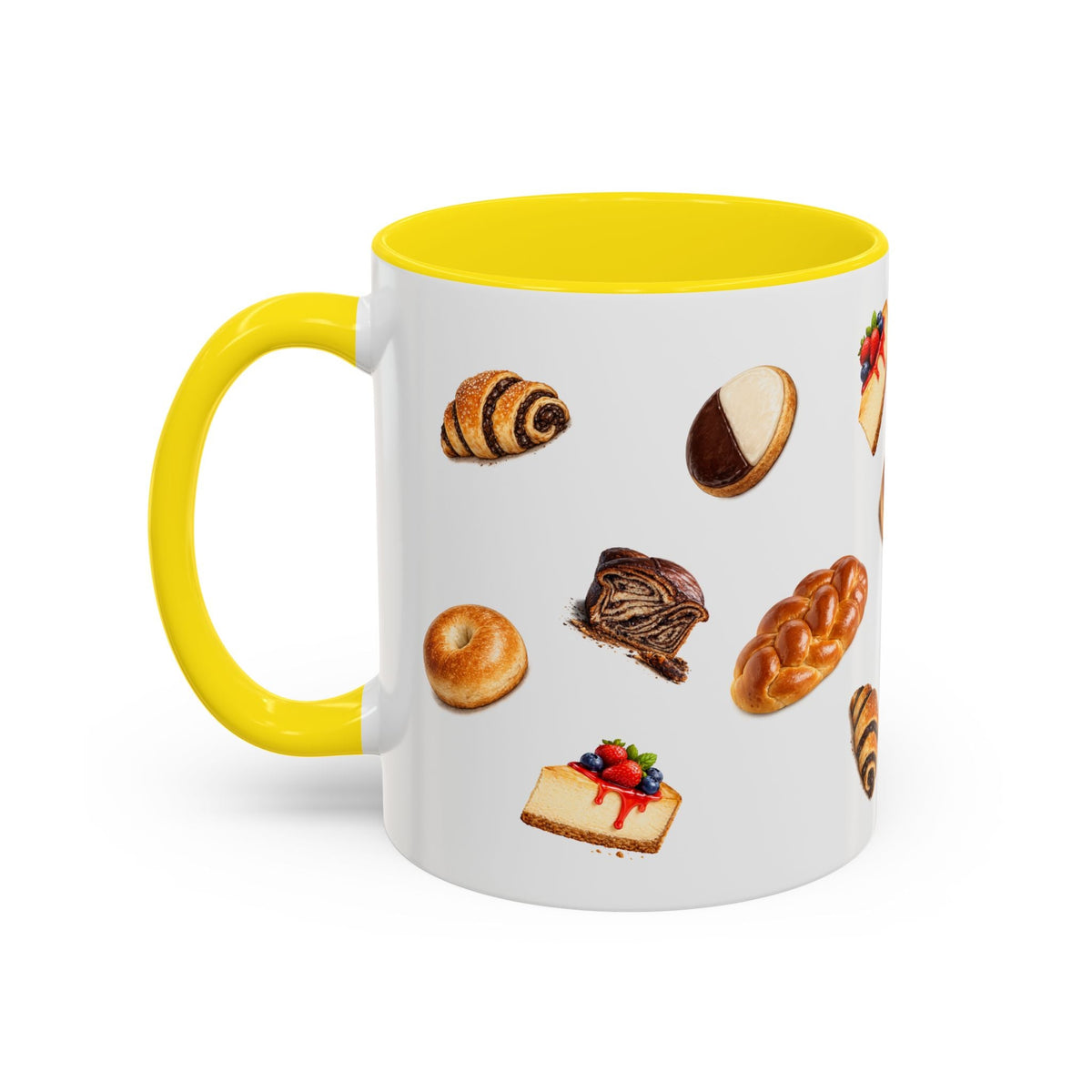 NYC Kosher Bakery Pattern Accent Mug | Babka Cheesecake Rugelach Black + White Cookie Challah Bagel 11oz Ceramic Coffee Cup