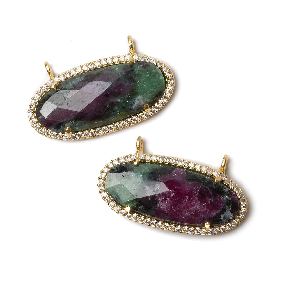 27x13mm Vermeil Bezeled CZ & Ruby in Zoisite Oval East West Connector 1 pc