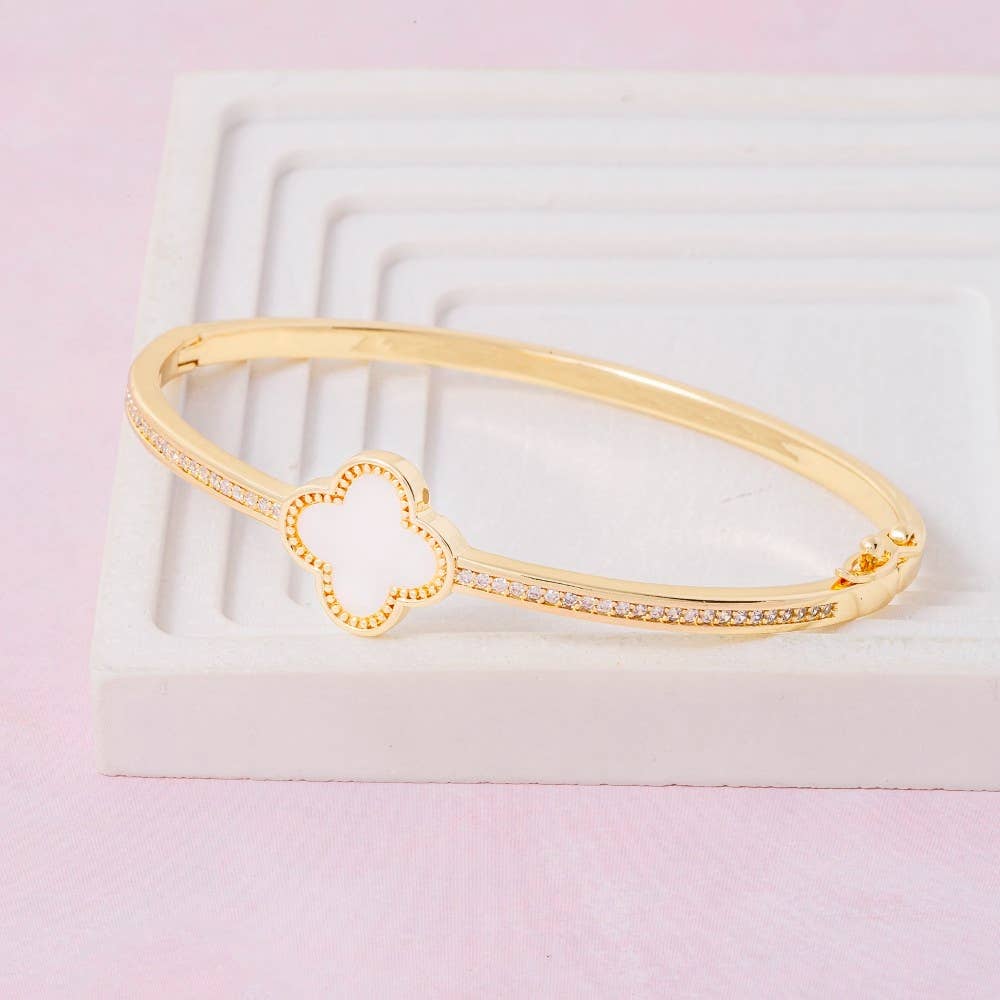 Anarchy Street Gold Dipped Cz Mother Of Pearl Clover Hinge Bangle Bracelet