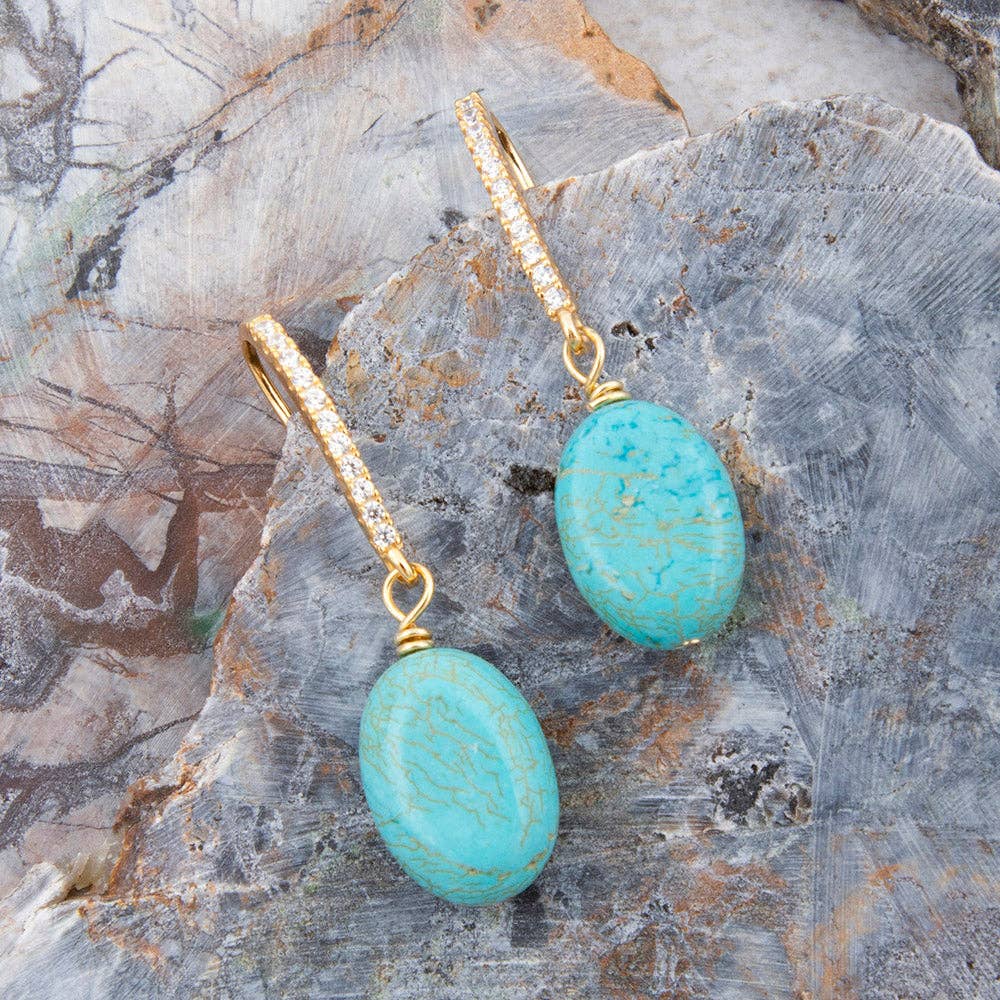 Barse Jewelry Hepburn Sparkling Cubic Zirconia and Blue Turquoise Golden Drop Earrings