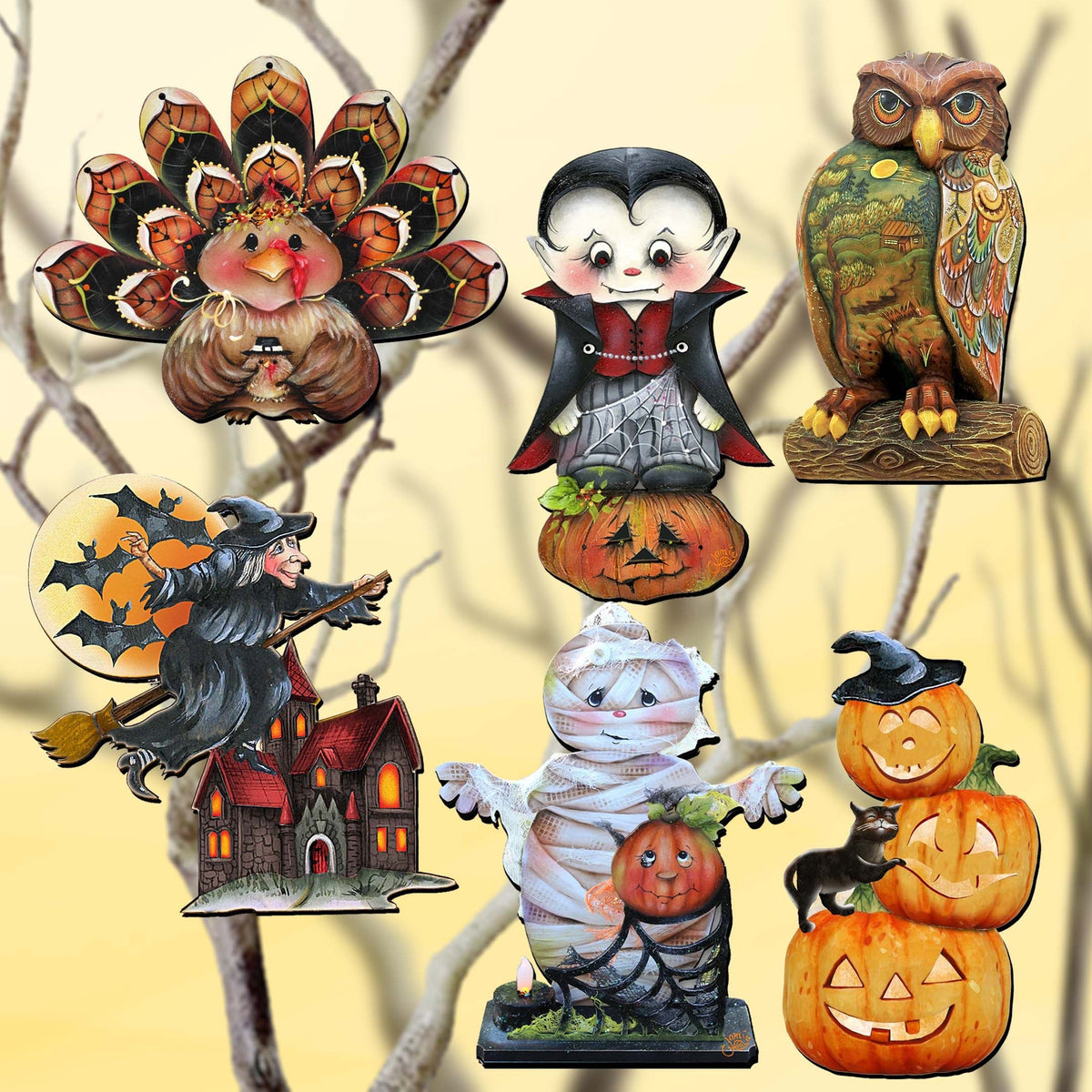 Happy Halloween Clip-On Eco Wood Decorative Ornaments Set of 6 by Jamie Mills-Price and G. Debrekht - Halloween Decor - 8090135C-S6