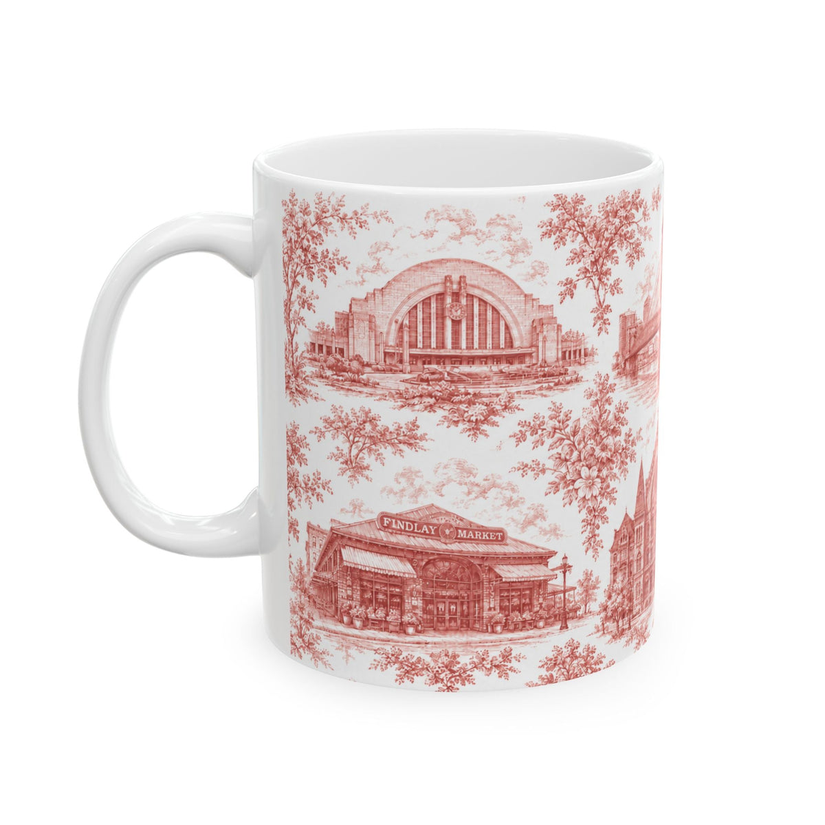 Cincinnati Red Toile de Jouy Ceramic Mug — Coffee Mug 11oz
