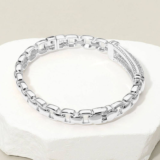 Sensibling 14K Gold Plated CZ Stone Paved Bar Link Hinged Bangle Bracelet