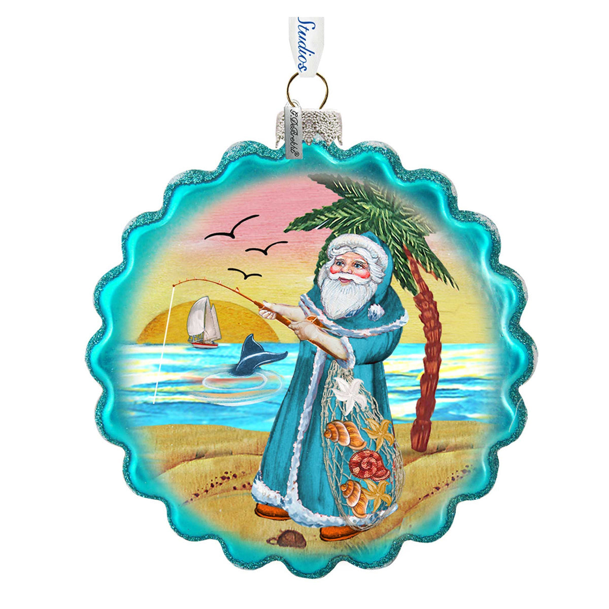 Santa with Shells Wreath Glass Ornament by G. DeBrekht - Coastal Holiday Decor - 759-041