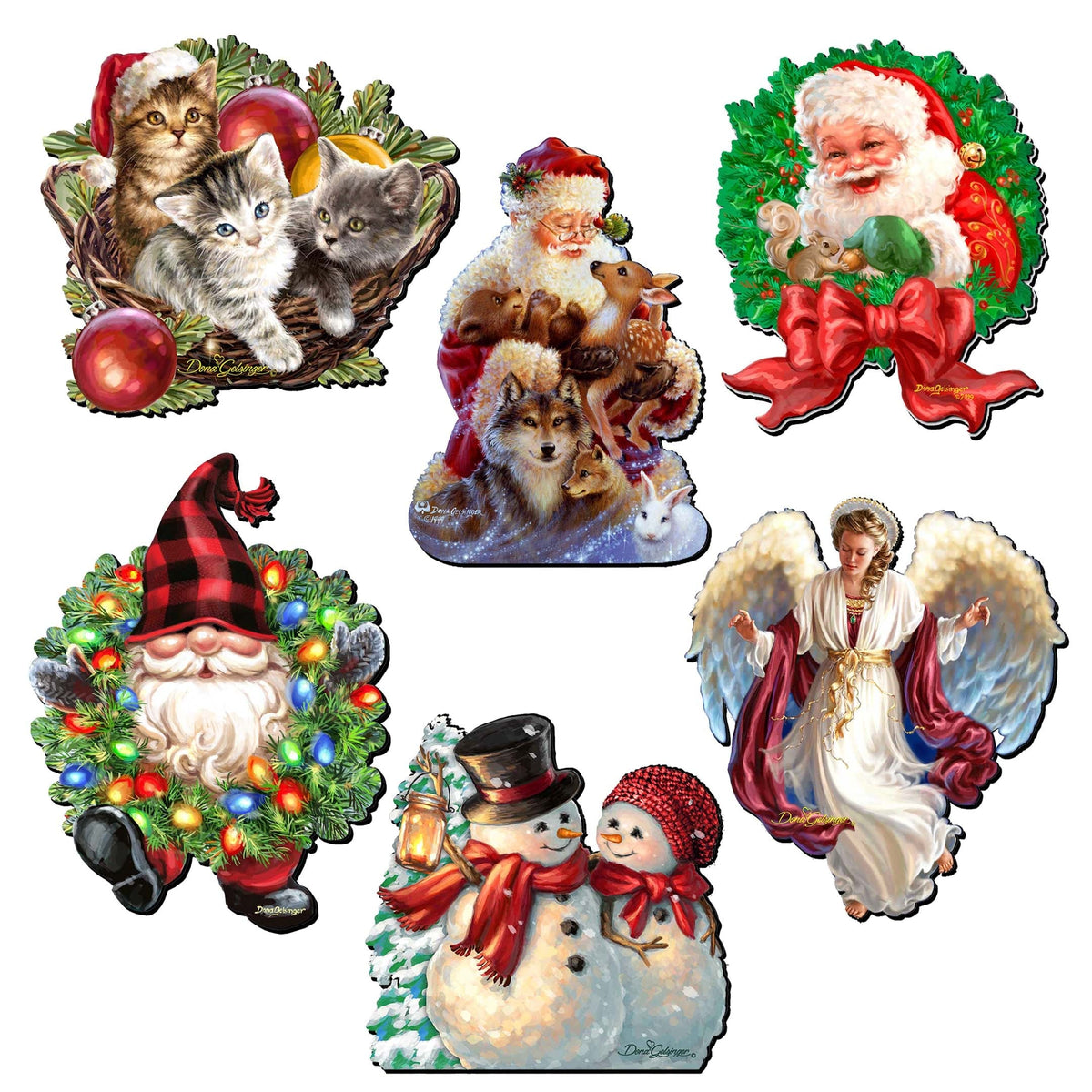 Santa and Friends Clip-On Eco Wood Decorative Ornaments Set of 6 by D. Gelsinger - Christmas Decor - 8090134C-S6