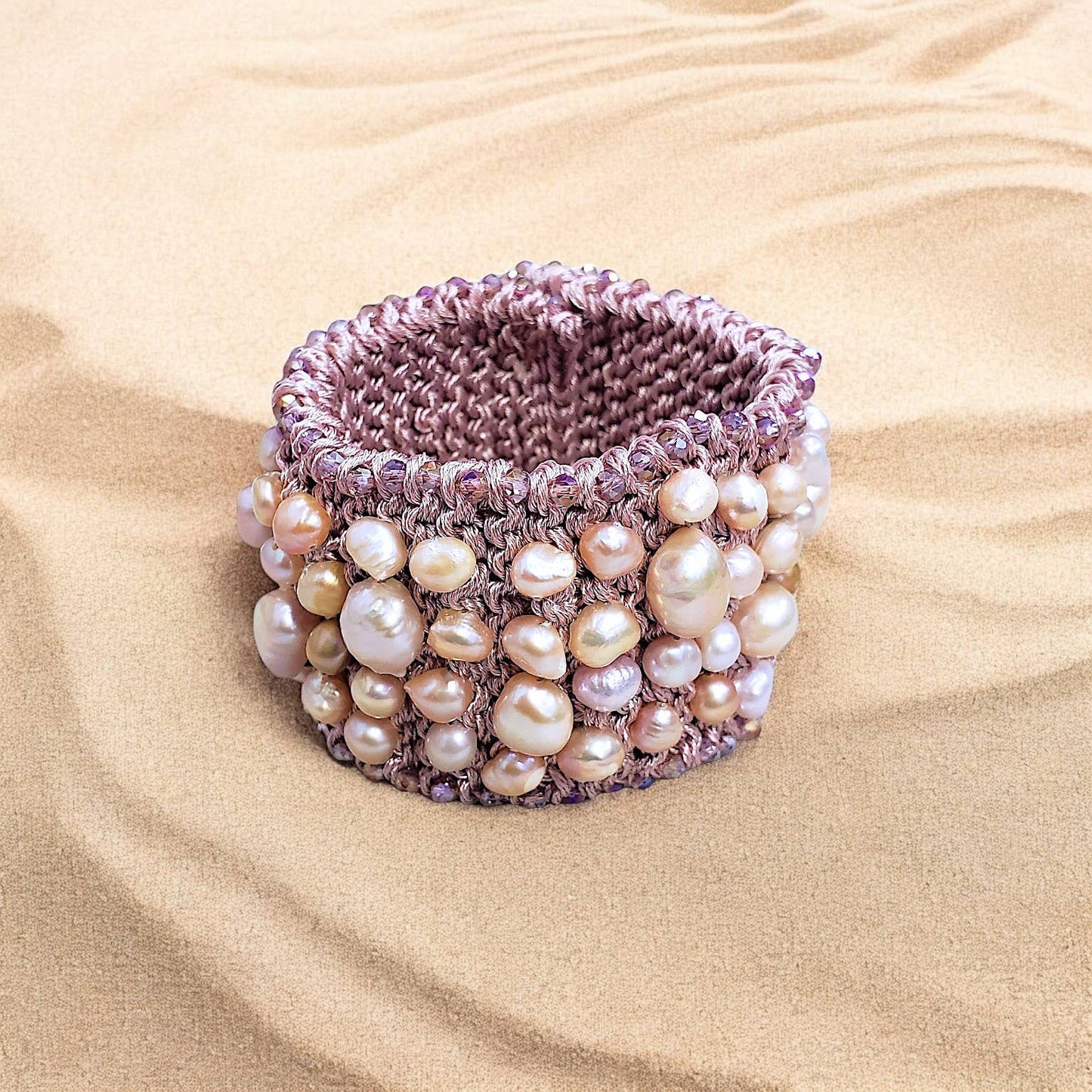 Bijoux Envie Pearl Cuff Bracelet | Pastel Pink | Crochet | Gold | Coastal