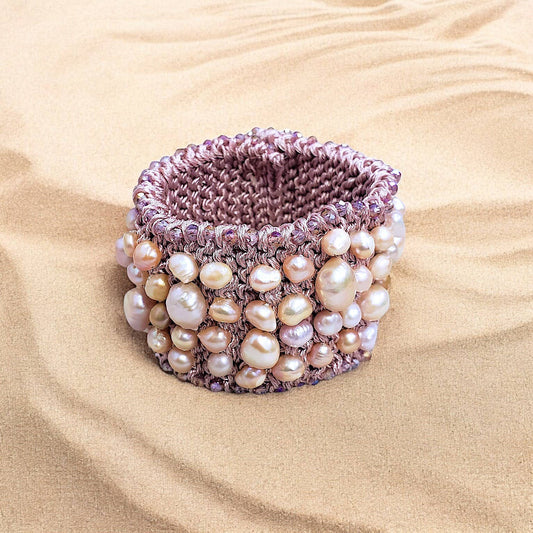 Bijoux Envie Pearl Cuff Bracelet | Pastel Pink | Crochet | Gold | Coastal