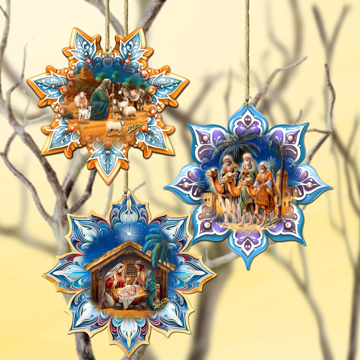 Nativity Snowflake Eco Wood Ornaments Set of 3 by G. Debrekht - Nativity Holiday Decor - 8090153-S3