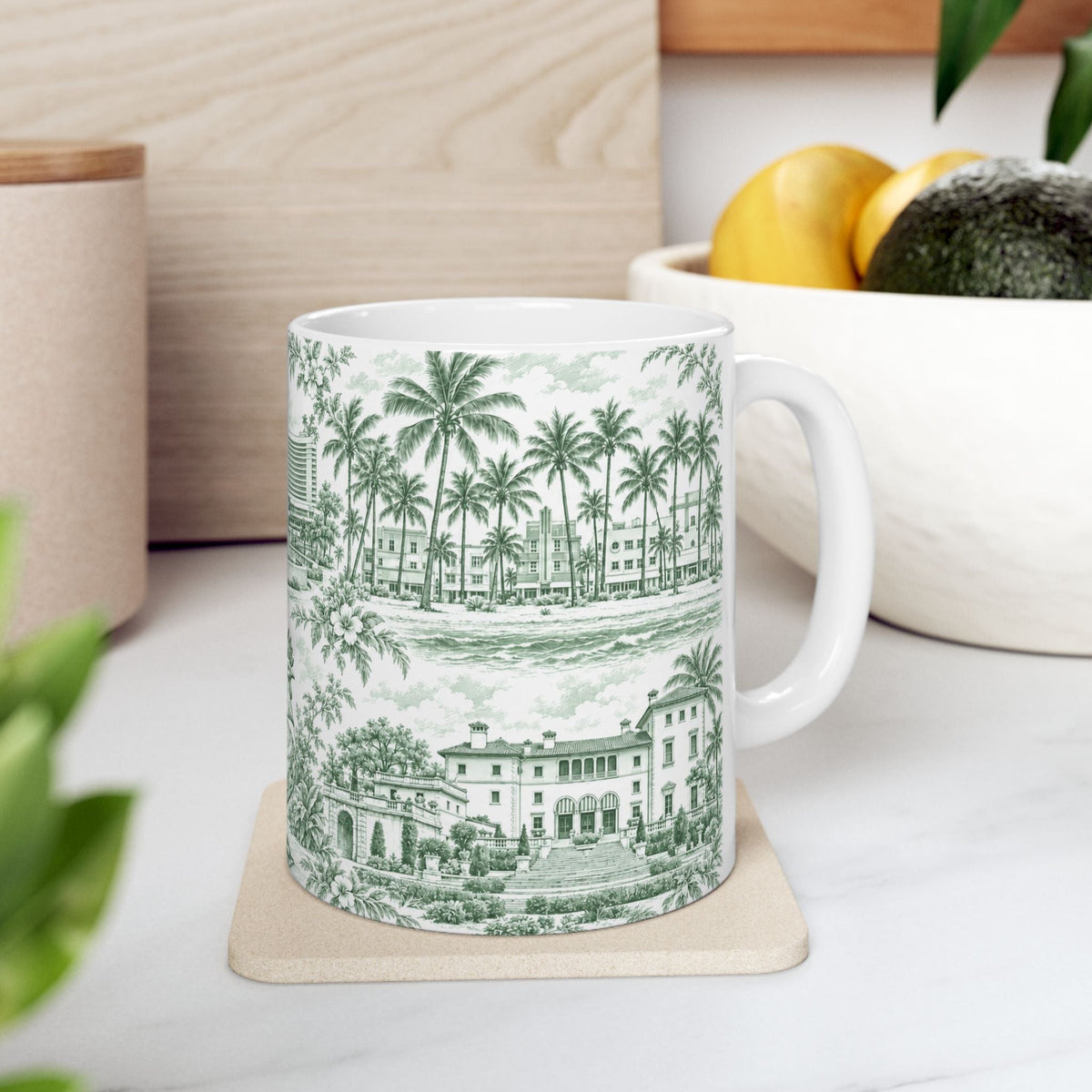 Miami Green Toile de Jouy Ceramic Mug — Vintage Palm Florida Chinoiserie 11oz
