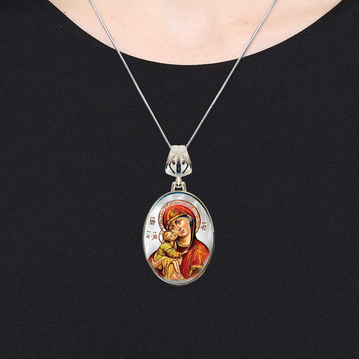 Holy Virgin Mary Vladimir Silver Plated Mother of Pearl Necklace Jewelry - 43011