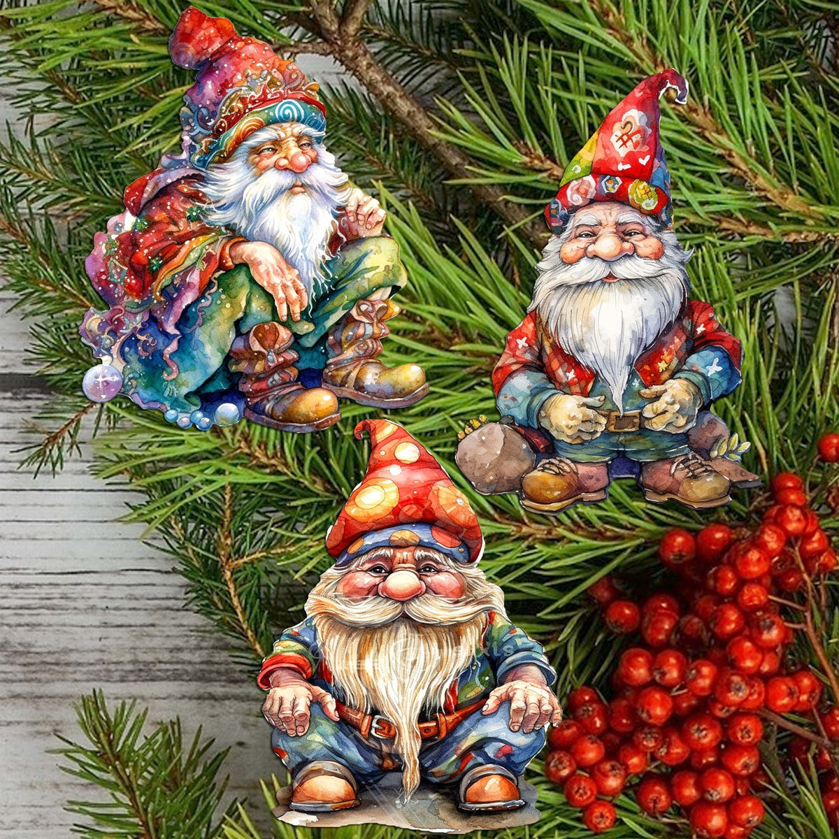 Christmas Gnomes Clip-On Eco Wood Decorative Ornaments Set of 3 by G. Debrekht - Christmas Decor - 8091031C-S3