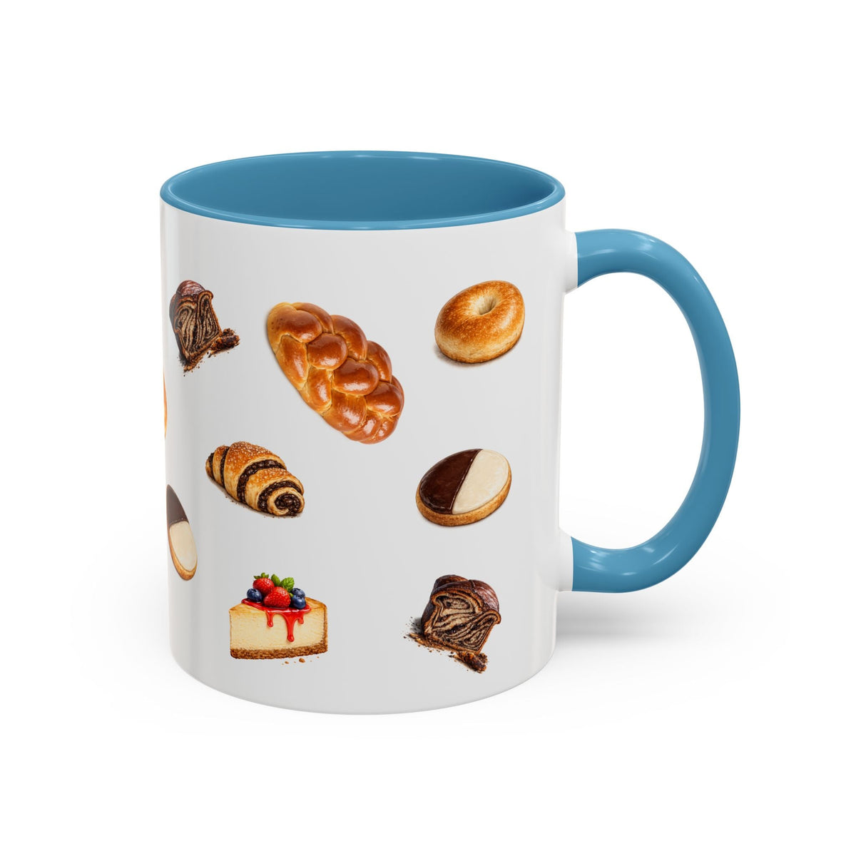NYC Kosher Bakery Pattern Accent Mug | Babka Cheesecake Rugelach Black + White Cookie Challah Bagel 11oz Ceramic Coffee Cup