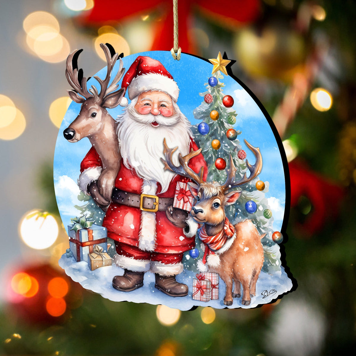Santa with Reindeer Wooden Ornaments by G. Debrekht Christmas Santa Snowman Decor - 8611032