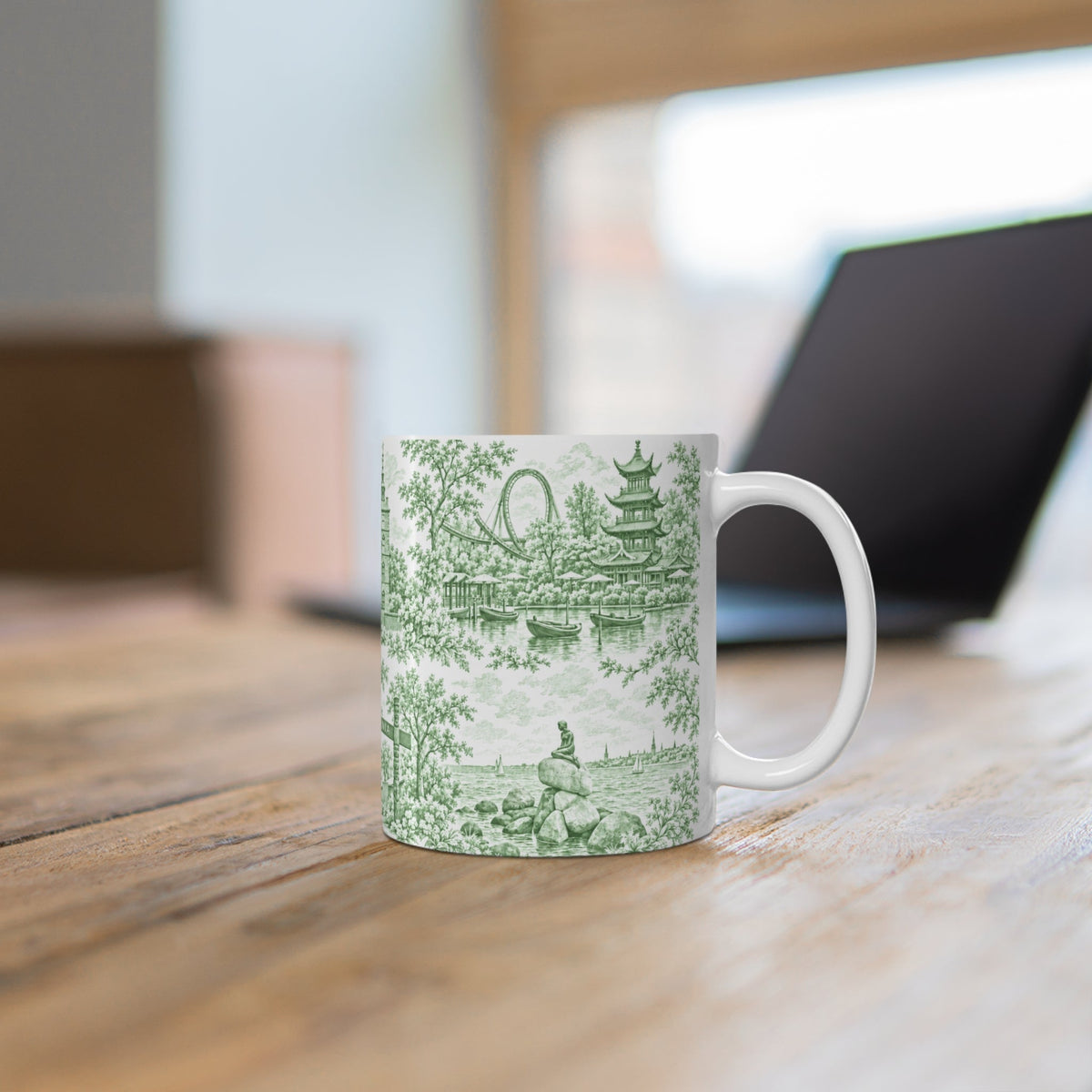 Copenhagen Green Toile de Jouy Ceramic Coffee Mug (11 oz, Ships from Europe)