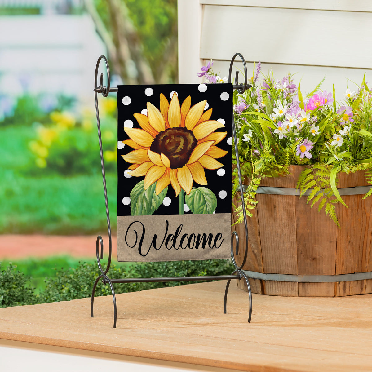 Polka Dot Sunflower Burlap Garden Flag