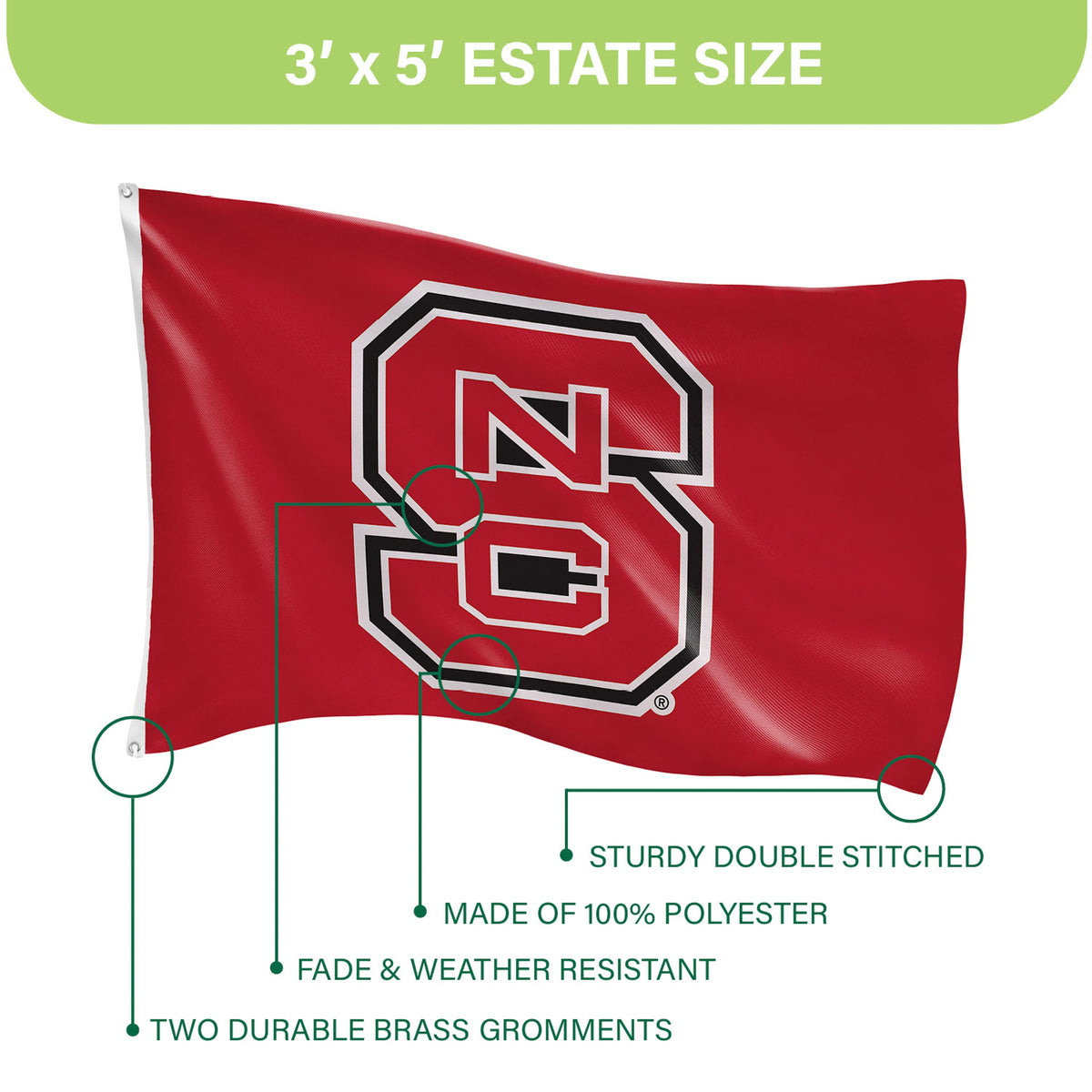 North Carolina State University Single Sided Flag w/ 2 Grommets, 3'x5'