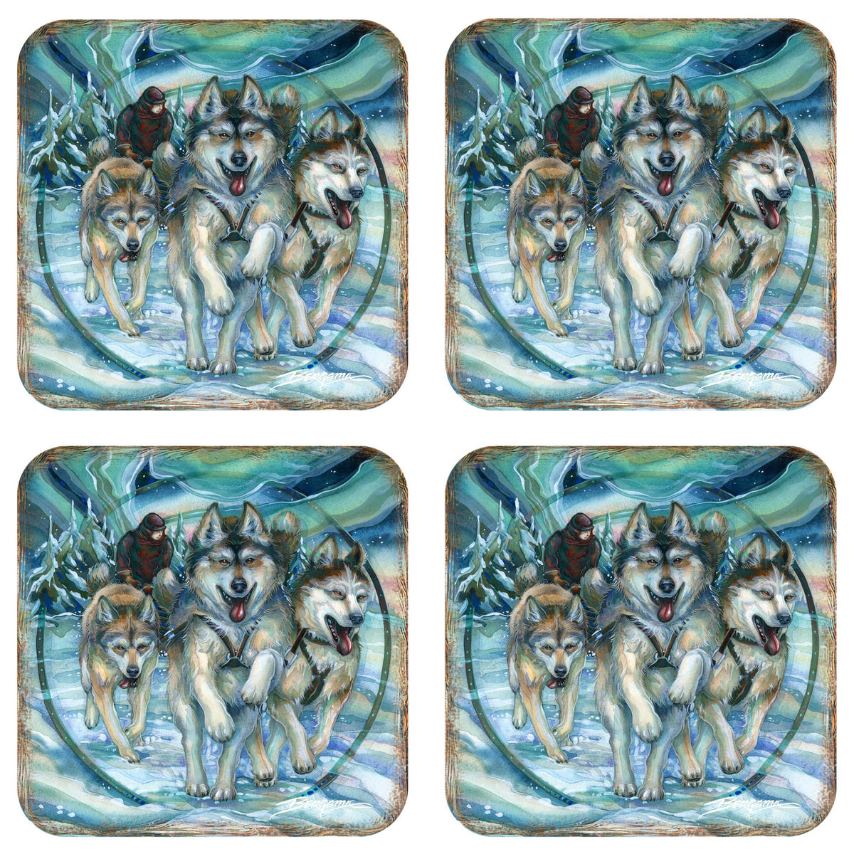 Northern Night Wooden Cork Coasters Gift Set of 4 by J. Bergsma - Wildlife Decor  - 8199468C-S4