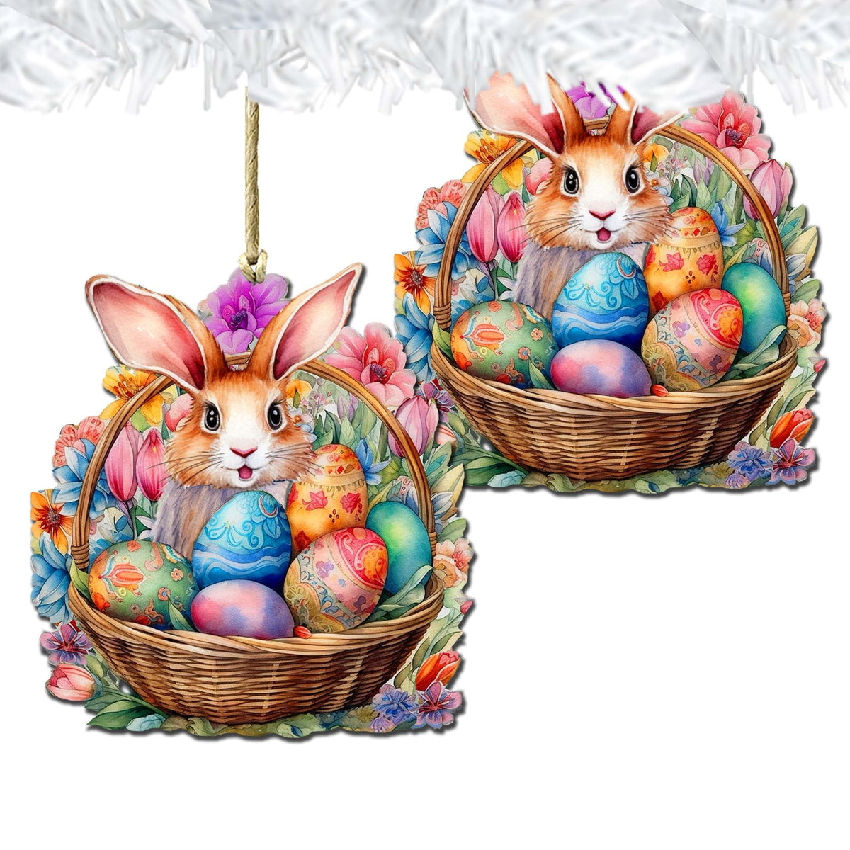 Bunny in a Basket Wooden Ornaments by G. DeBrekht Easter Spring Decor - 8652764