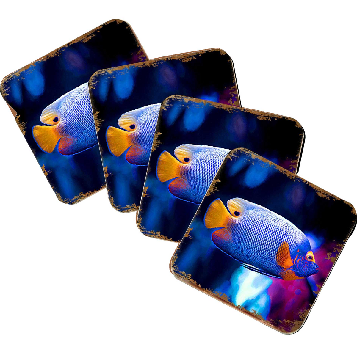 Tropical Fish Coastal Wooden Cork Coasters Gift Set of 4 by Nature Wonders - Coastal Sea-Life Decor - 95251C-S4