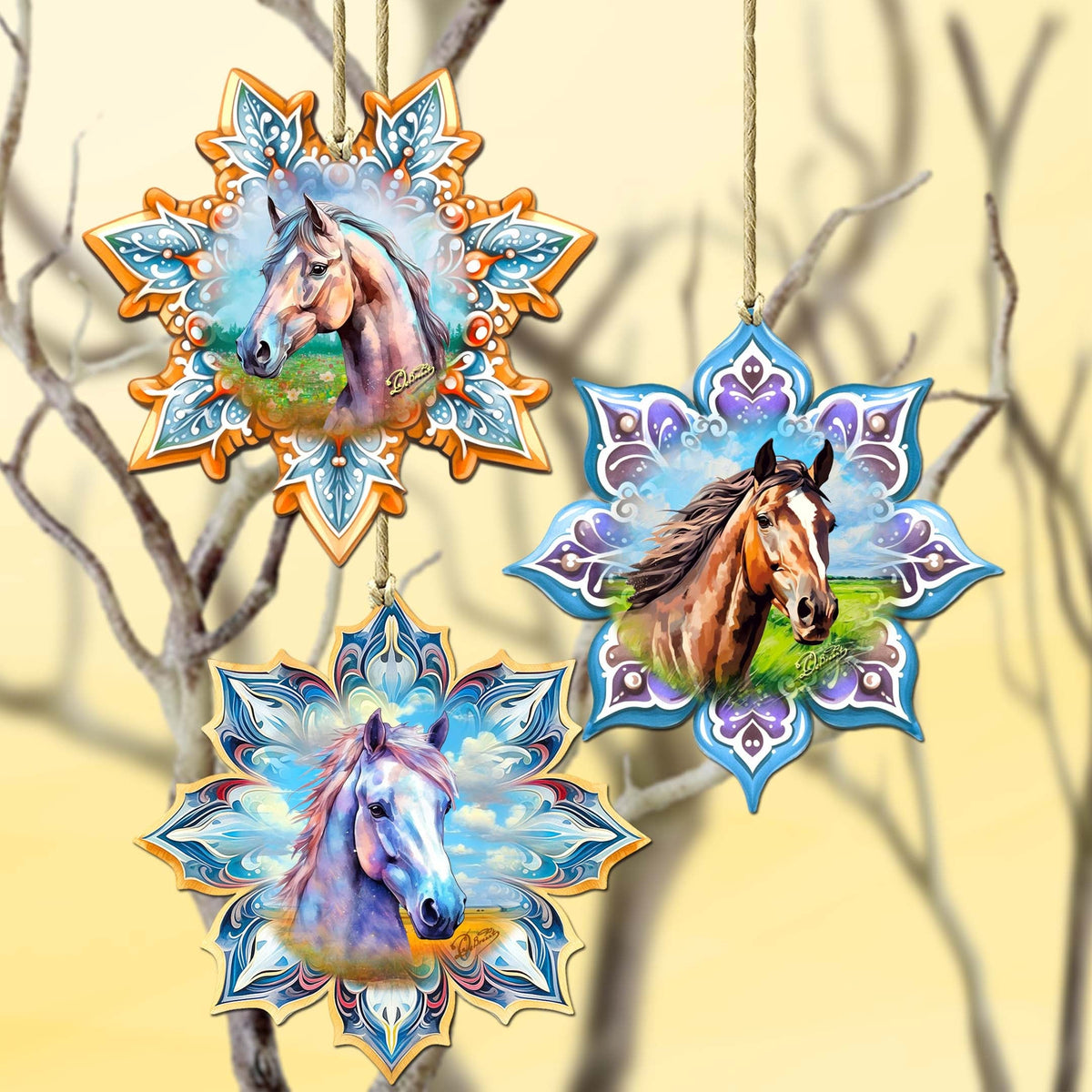 Horses Snowflake Eco Wood Ornaments Set of 3 by G. Debrekht - Nature Wildlife Decor - 8090151-S3