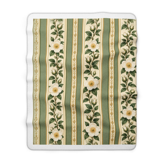 Garden Trellis Sherpa Fleece Blanket - Floral Green Cream Striped Throw - Cherokee Rose