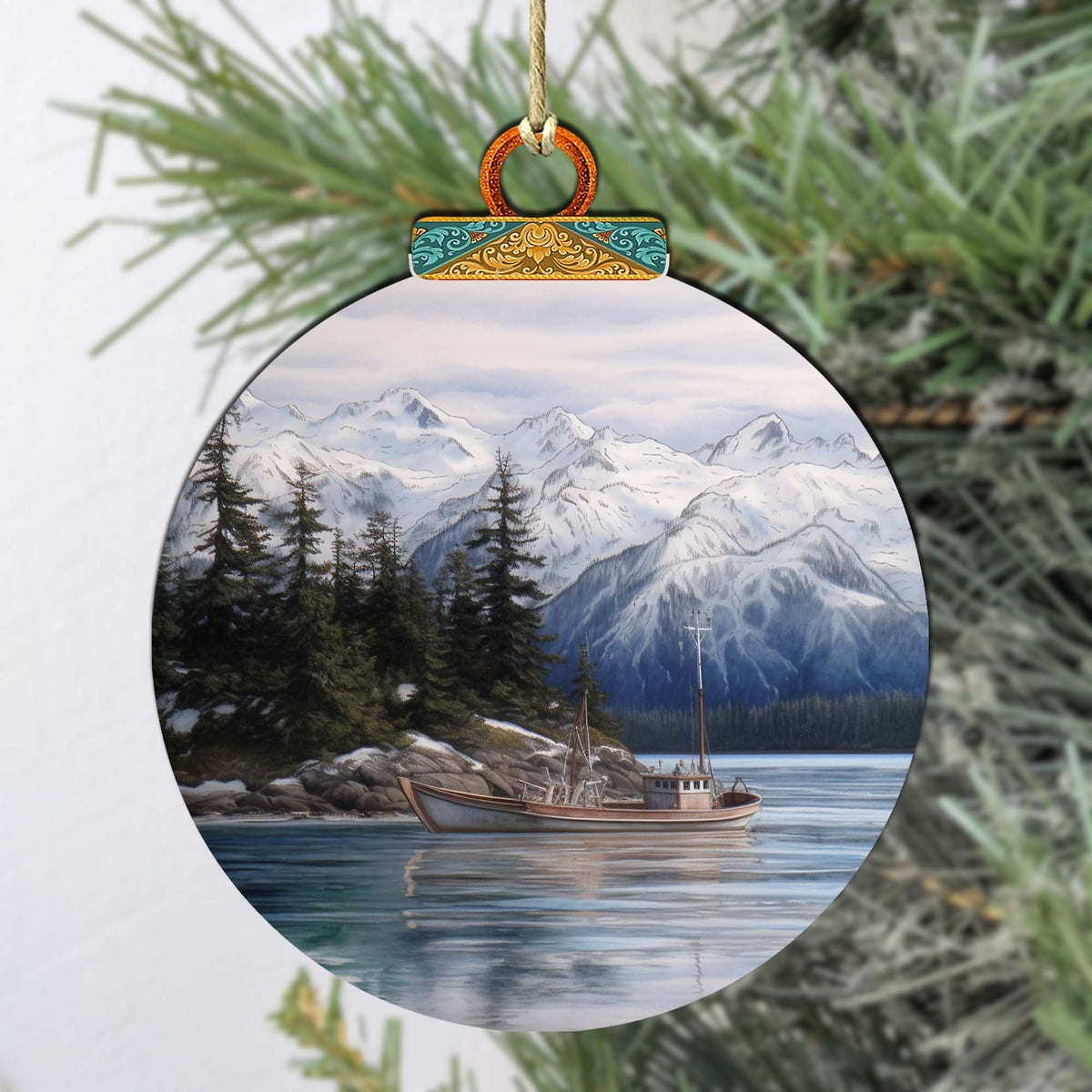 Fishing Boat in Alaska's Mountains Wooden Ornaments by G.Debrekht - Wildlife Holiday Decor - 870068