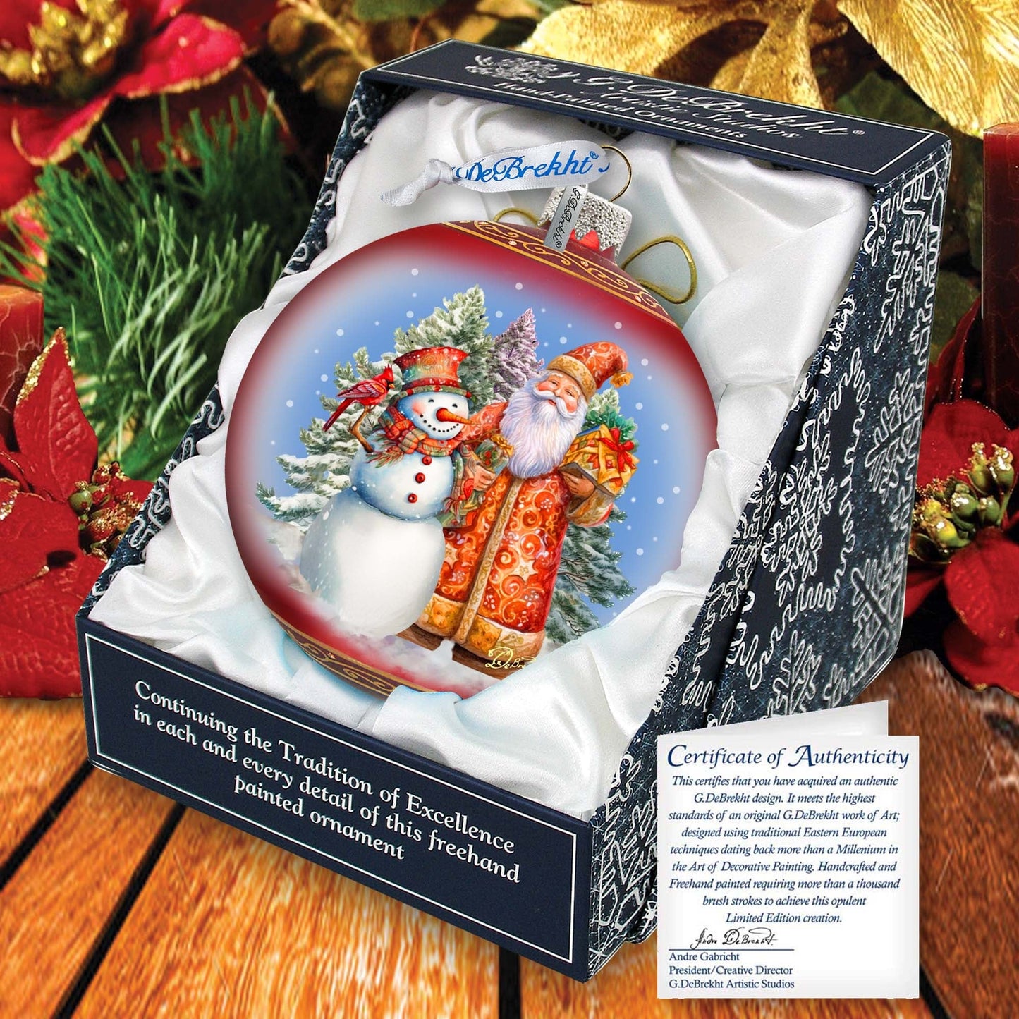 Santas Frosty Friend Lg Glass Ornament by G.Debrekht - Christmas Santa Snowman Decor - 73941