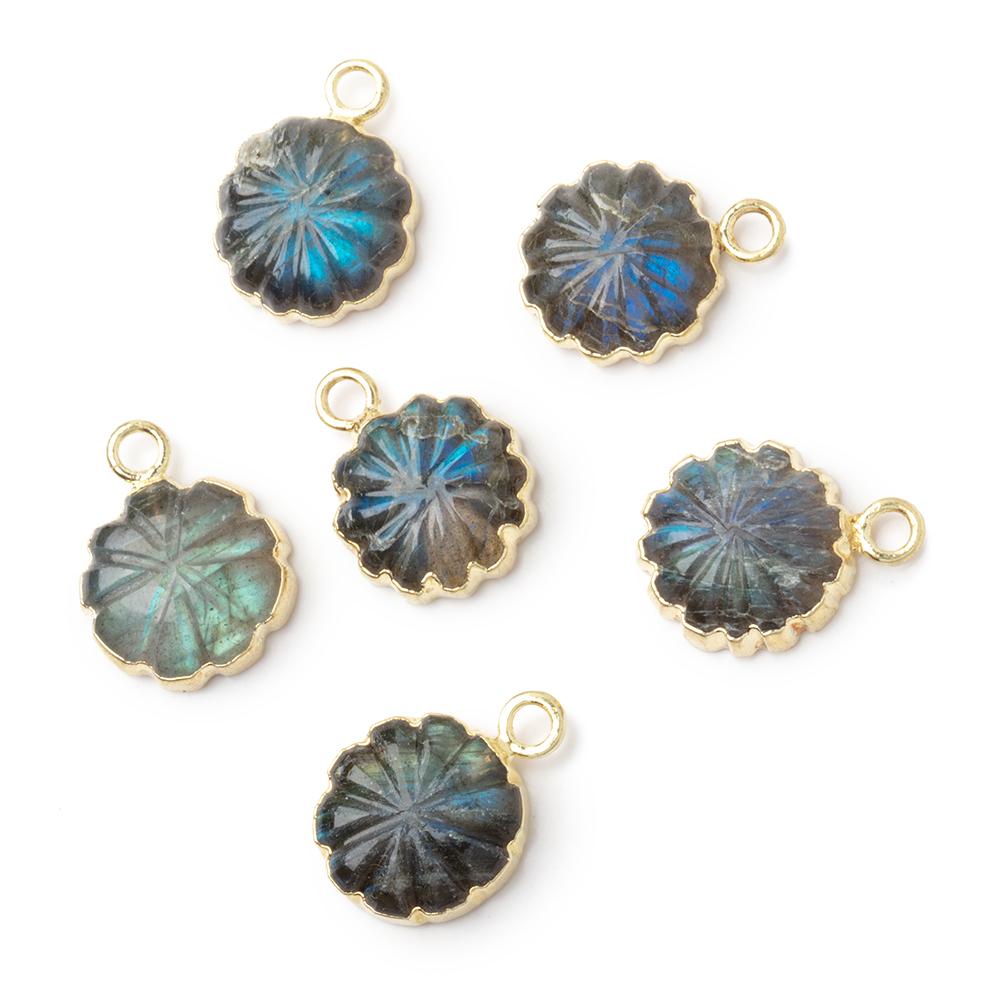 11mm Gold Leafed Labradorite Carved Floral Coin Focal Pendant 1 piece