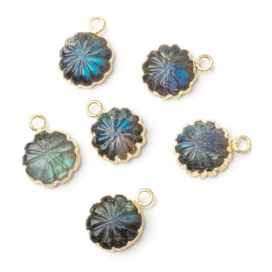 11mm Gold Leafed Labradorite Carved Floral Coin Focal Pendant 1 piece
