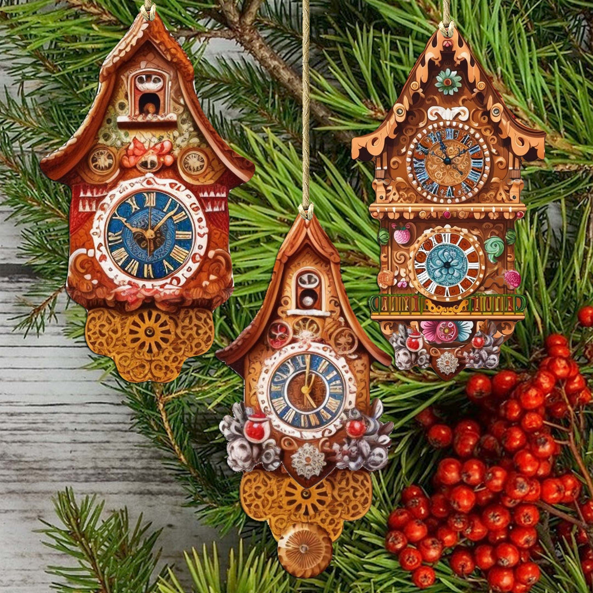 Miniature Clock Decorative Eco Wood Ornaments Set of 3 by G. Debrekht - Christmas Decor - 8091020-S3