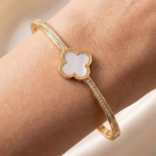 Anarchy Street Gold Dipped Cz Mother Of Pearl Clover Hinge Bangle Bracelet