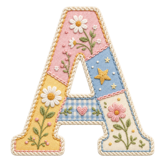 Pastel Floral Alphabet PNG Bundle – Embroidered Patchwork Monogram Digital Download Set