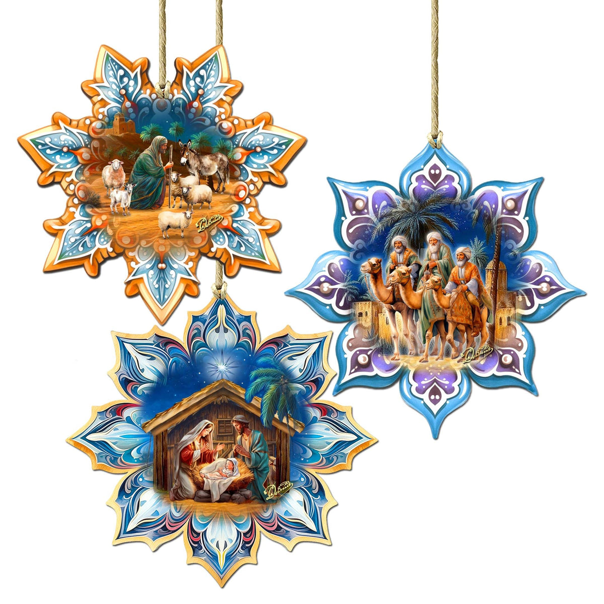 Nativity Snowflake Eco Wood Ornaments Set of 3 by G. Debrekht - Nativity Holiday Decor - 8090153-S3