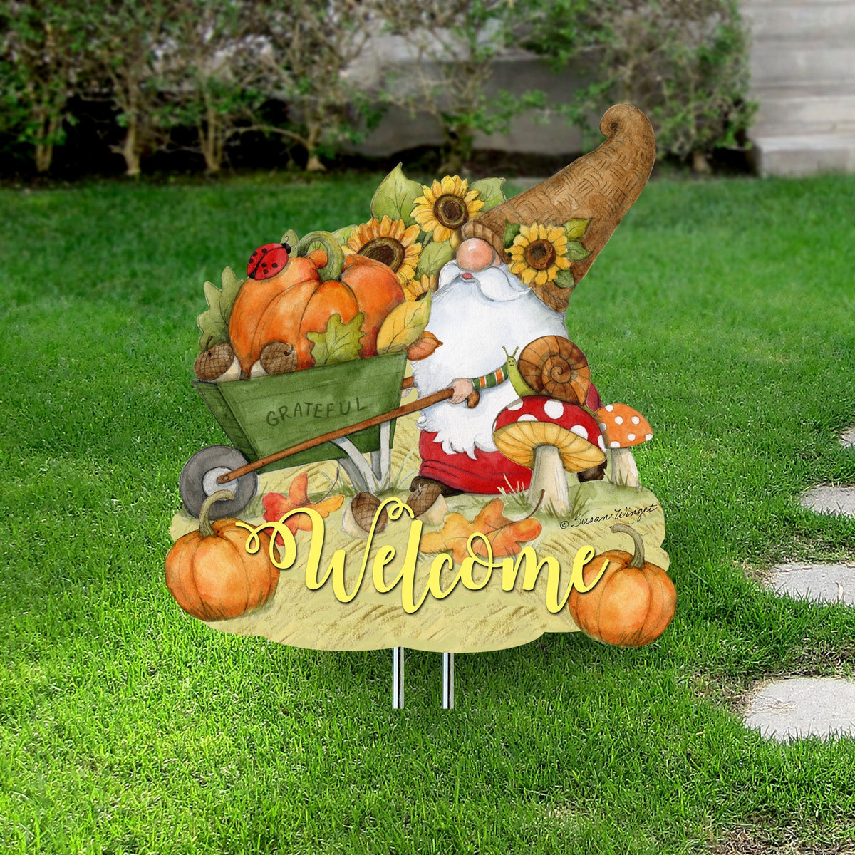 Outdoor Garden Stakes Fall Decoration - Harvest Gnome Welcome Sign - Wheelbarrow Cornucopia - Handmade Gift - Autumn Adornment - Wooden Ornament by Susan Winget - 8471207M-SW