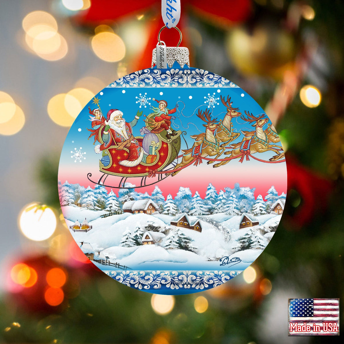 Up-Up and Away Glass Ornament by G. DeBrekht - Christmas Santa Snowman Decor - 71160
