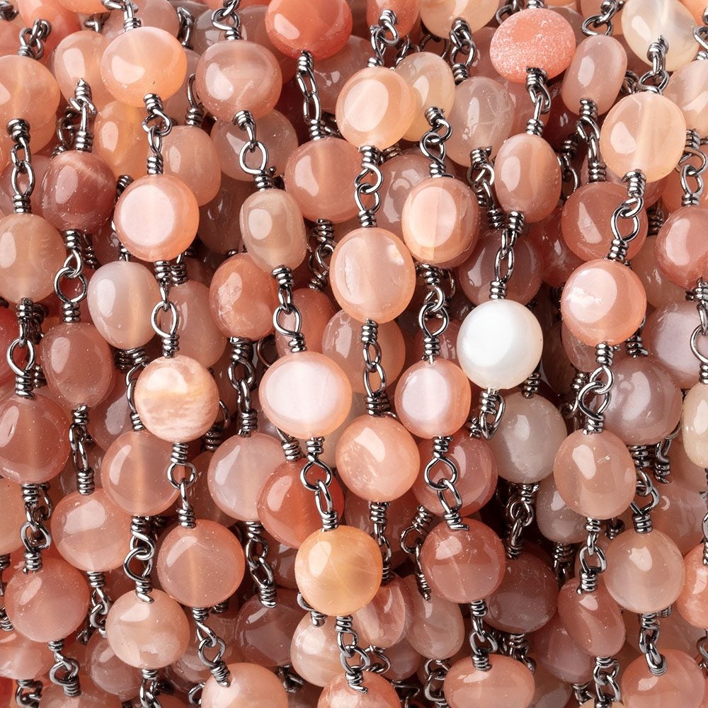 5-6.5mm Angel Skin Moonstone Plain Coins on Black Gold Plated Chain