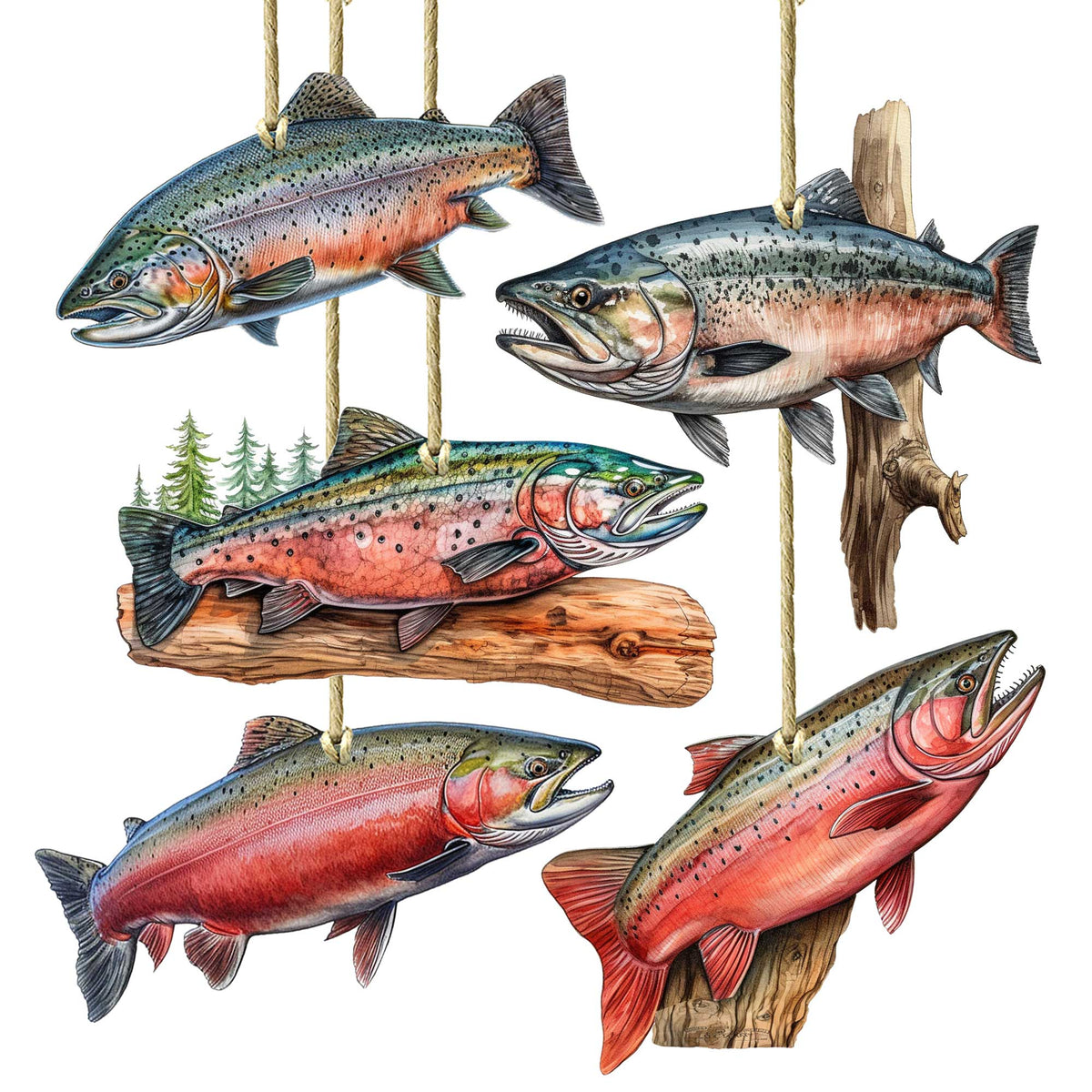 Alaskan Salmon Eco Wood Ornaments Set of 5 by G. Debrekht - Wildlife Holiday Decor - 8091322S5