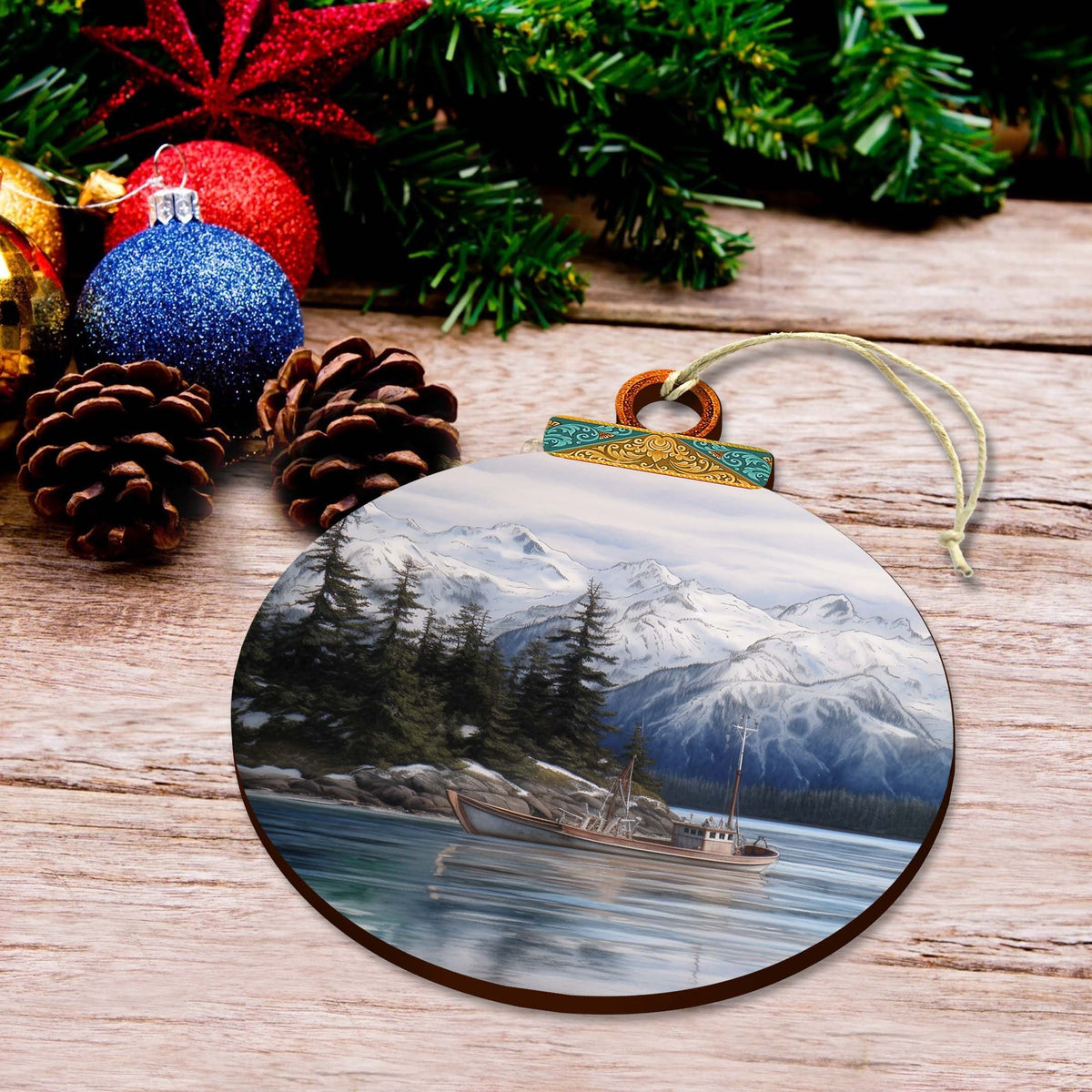 Fishing Boat in Alaska's Mountains Wooden Ornaments by G.Debrekht - Wildlife Holiday Decor - 870068