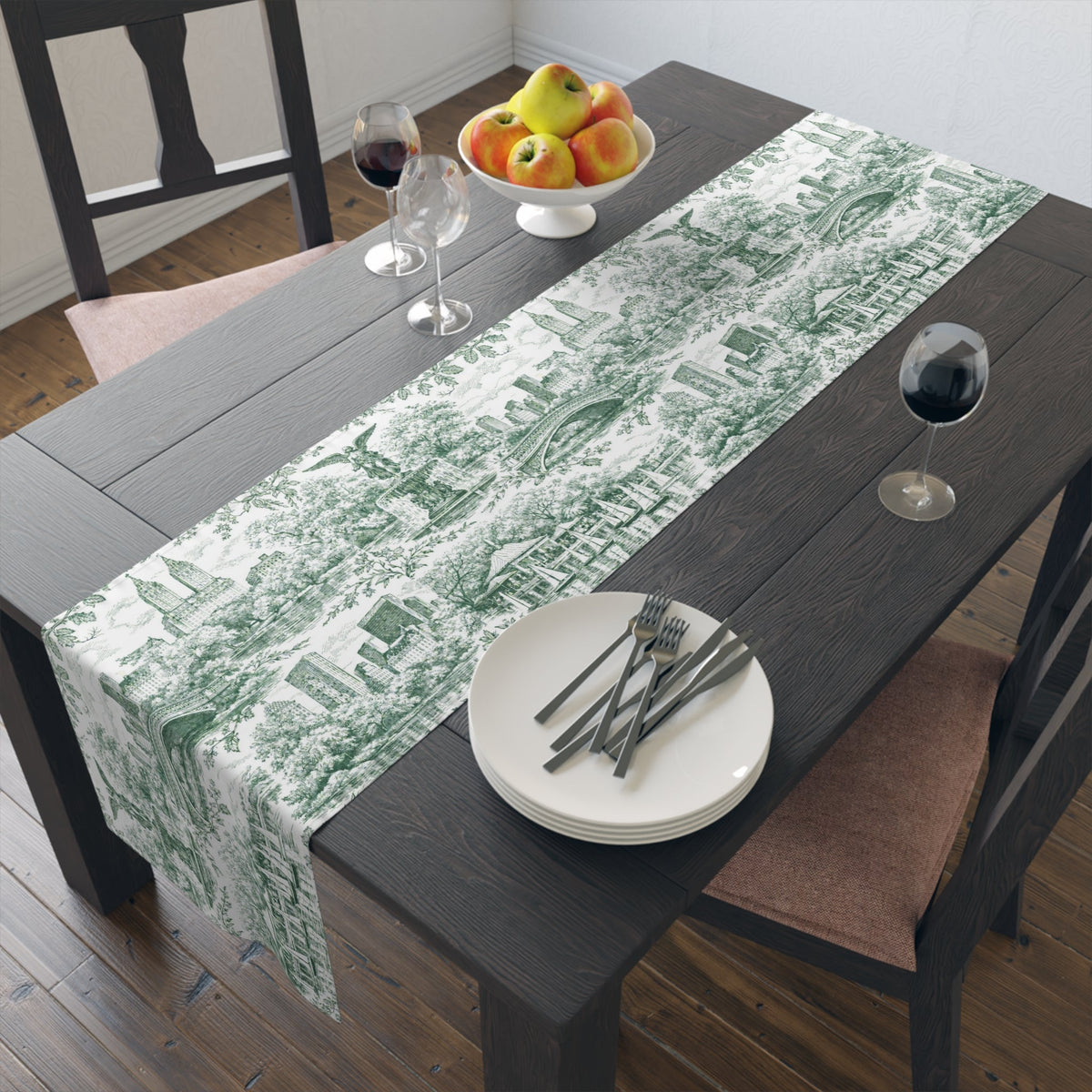 Central Park Green Toile de Jouy Table Runner — New York Chinoiserie Dining Table Decor