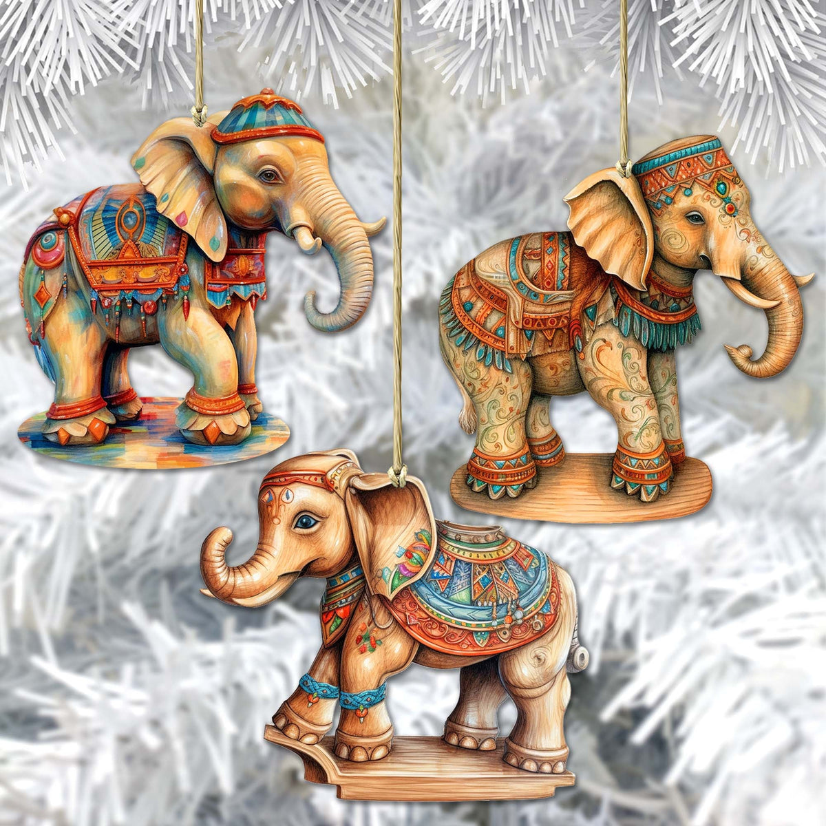 Carousel Elephants Wooden Ornaments Set of 3 by G. Debrekht - Christmas Decor - 8100192S3