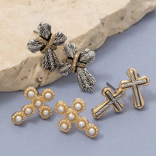 The Looks by Fame Mixed Intricate Cross Stud Earrings Set