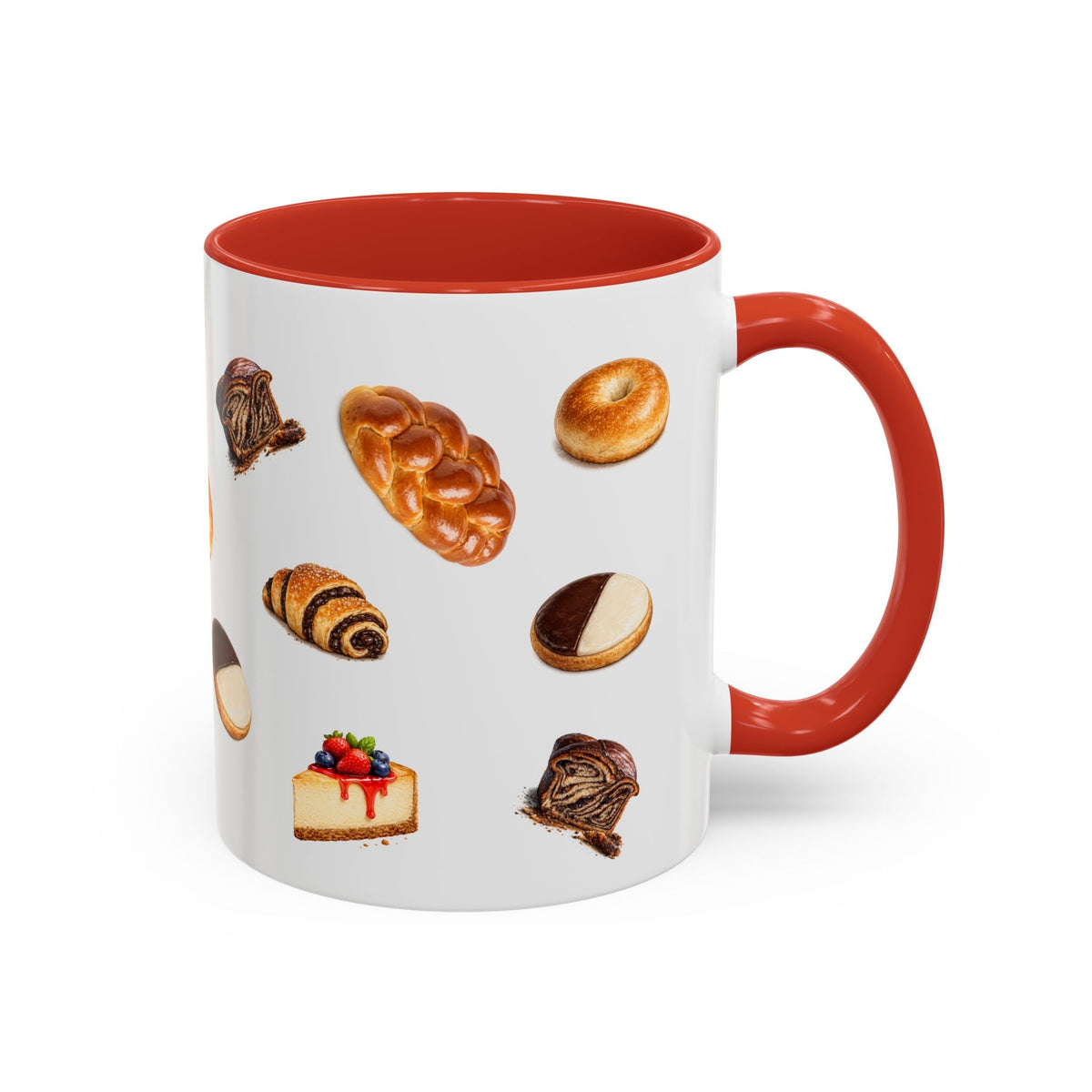 NYC Kosher Bakery Pattern Accent Mug | Babka Cheesecake Rugelach Black + White Cookie Challah Bagel 11oz Ceramic Coffee Cup