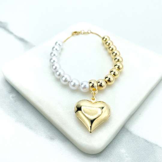 Parure Collier et Bracelet Luxus Accessories en Plaqué Or 18K avec Perles, Billes Dorées et Breloque Cœur Gonflé