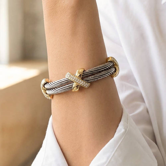 The Looks by Fame Gold Plated Two Tone Layered Wire Cuff Bracelet