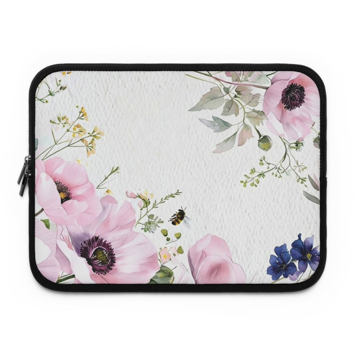 Pink Anemone Floral Laptop Sleeve | Watercolor Bee Tech Cover for Women