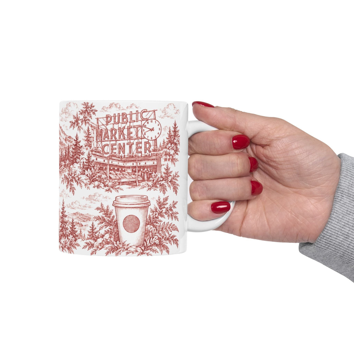 Seattle Red Toile de Jouy Ceramic Mug — Seatlle Washington and Surroundings Coffee Cup (11oz)