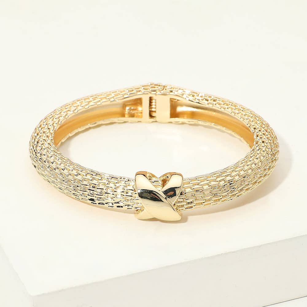 14K Gold Plated Crisscross Accent Textured Hinged Bangle Bracelet
