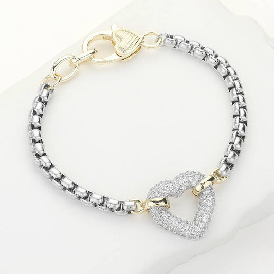 14K Gold Plated Two Tone CZ Paved Open Heart Bracelet