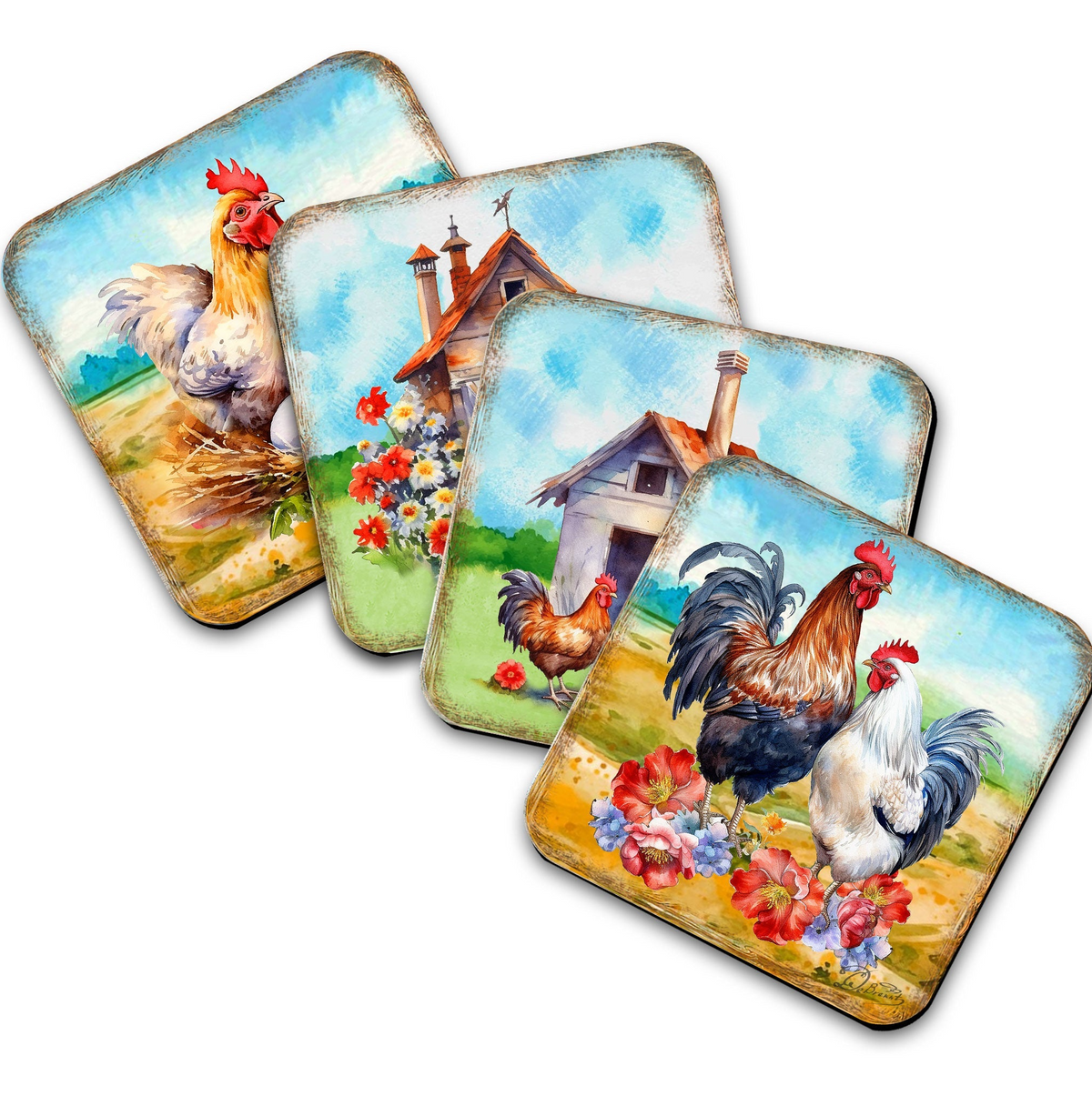 Spring on a Farm Wooden Cork Coasters Gift Set of 4 by G. Debrekht - Easter Spring Decor  - 8199436C-S4
