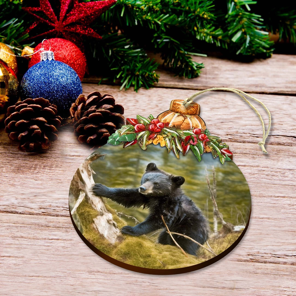 Black Bear Cubs in Alaskan Woods Wooden Ornaments by G.Debrekht - Wildlife Holiday Decor - 870038
